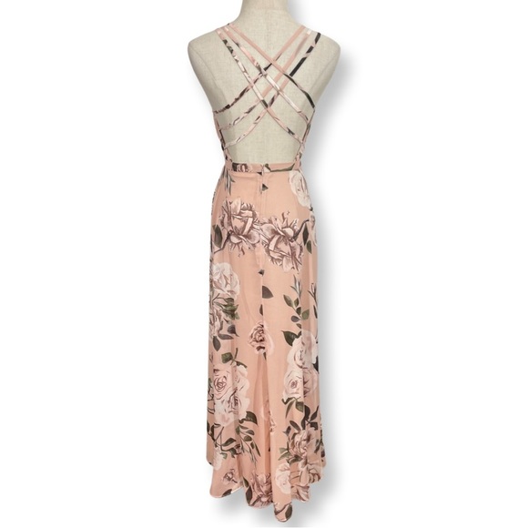 Fame and Partners Deco Siren Strappy Open Back Thigh Slit Maxi Dress Rose Floral - Picture 7 of 10